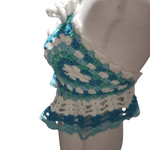 Handmade Granny Square Crochet Halter Top Mermaidcore Boho Criss-cross Icy Blue - Picture 10 of 17